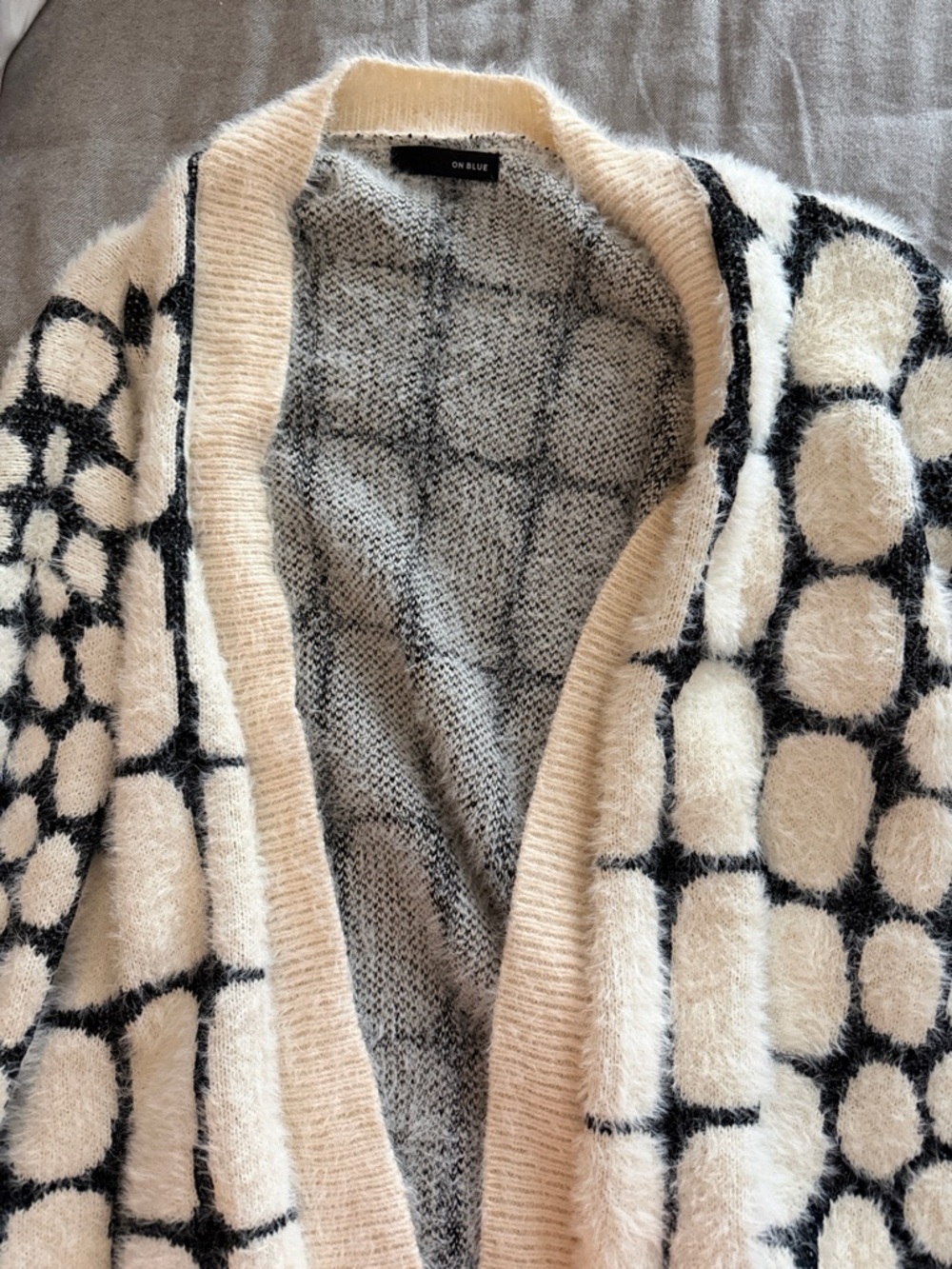 Cream and Black Patterned Open-Front Cardigan